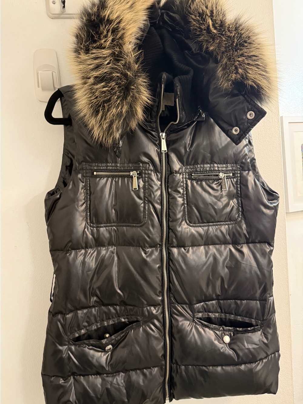 Michael Kors Quilted Natural Fur Trim Hooded Puffer Vest